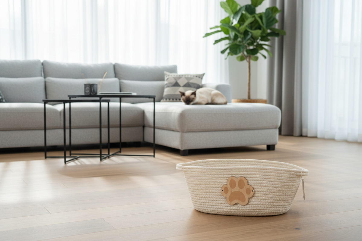 White pet bed with paw design on a wooden floor in a living room.
