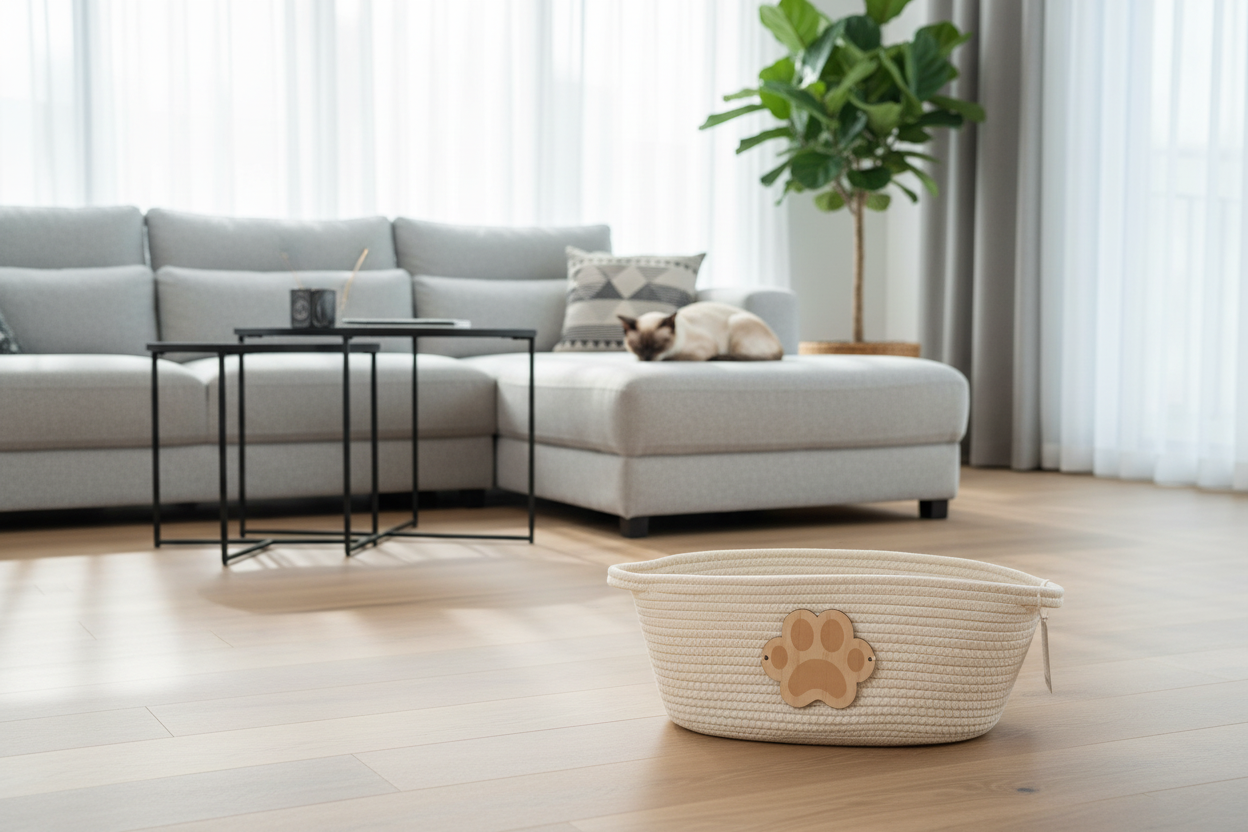 White pet bed with paw design on a wooden floor in a living room.