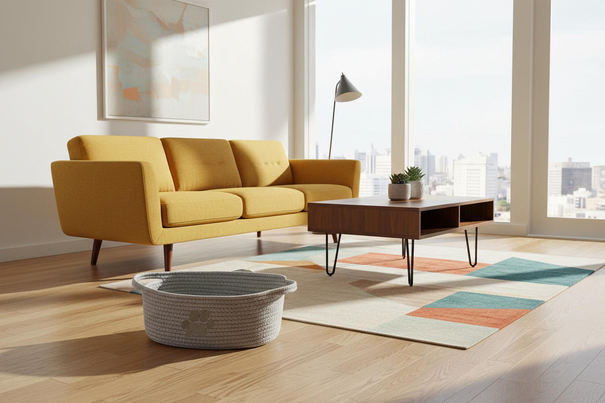 Modern living room with a yellow sofa, coffee table, and colorful rug. Featured in the front of the photo is a grey cotton rope basket with a paw print on it.