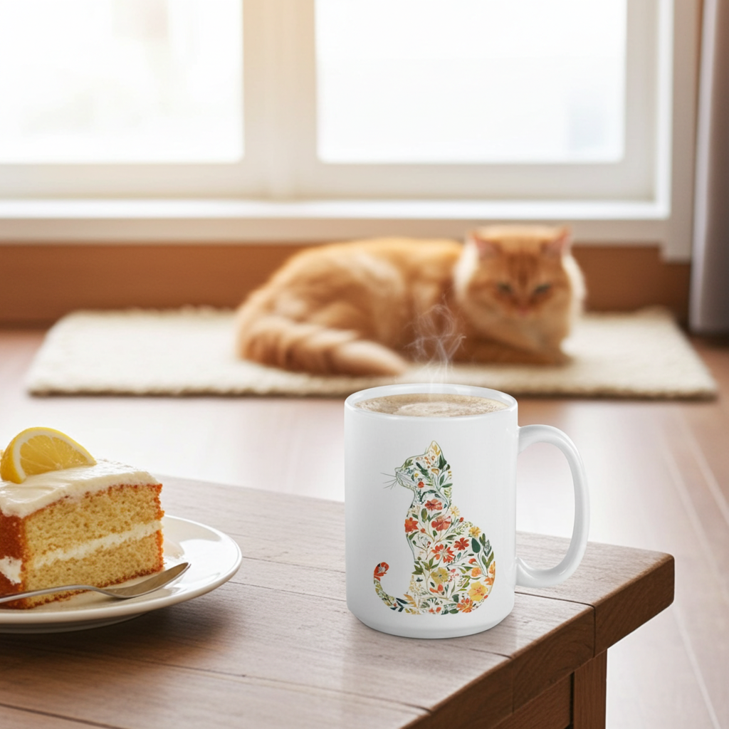 Mug with floral cat design on a table next to a slice of cake and a cat in the background.