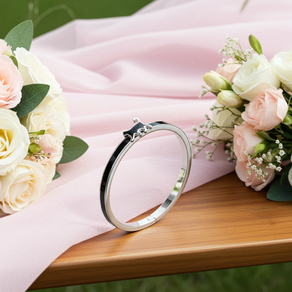 Silver bracelet on a wooden surface with pink fabric and floral decorations