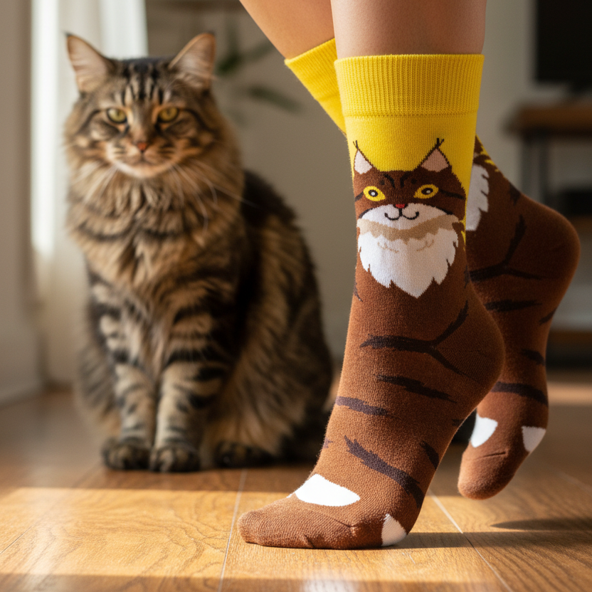 Person wearing brown socks with cat design next to a tabby cat on a wooden floor.