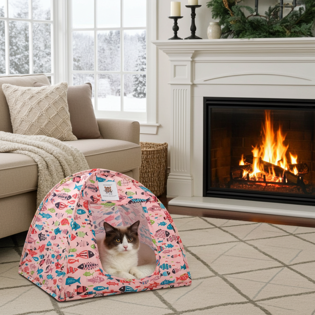 Cat in a comfortable pink Cat Tent Bed in a living room with a fireplace