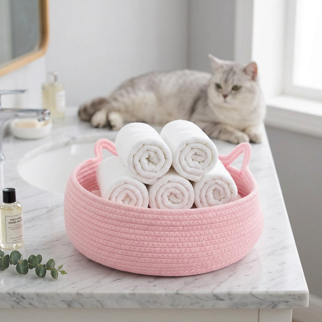 A pink woven basket filled with rolled white towels sits on a marble bathroom counter, with a gray cat lying in the background near a sink and window.