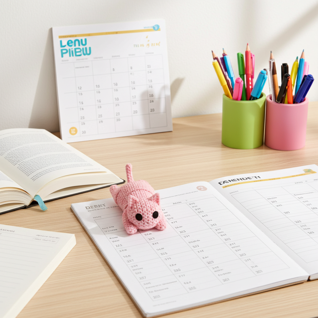Pink 3D printed Cat shaped Fidget Toy on an open notebook with two cup holders containing colorful pens, a calendar in the background.
