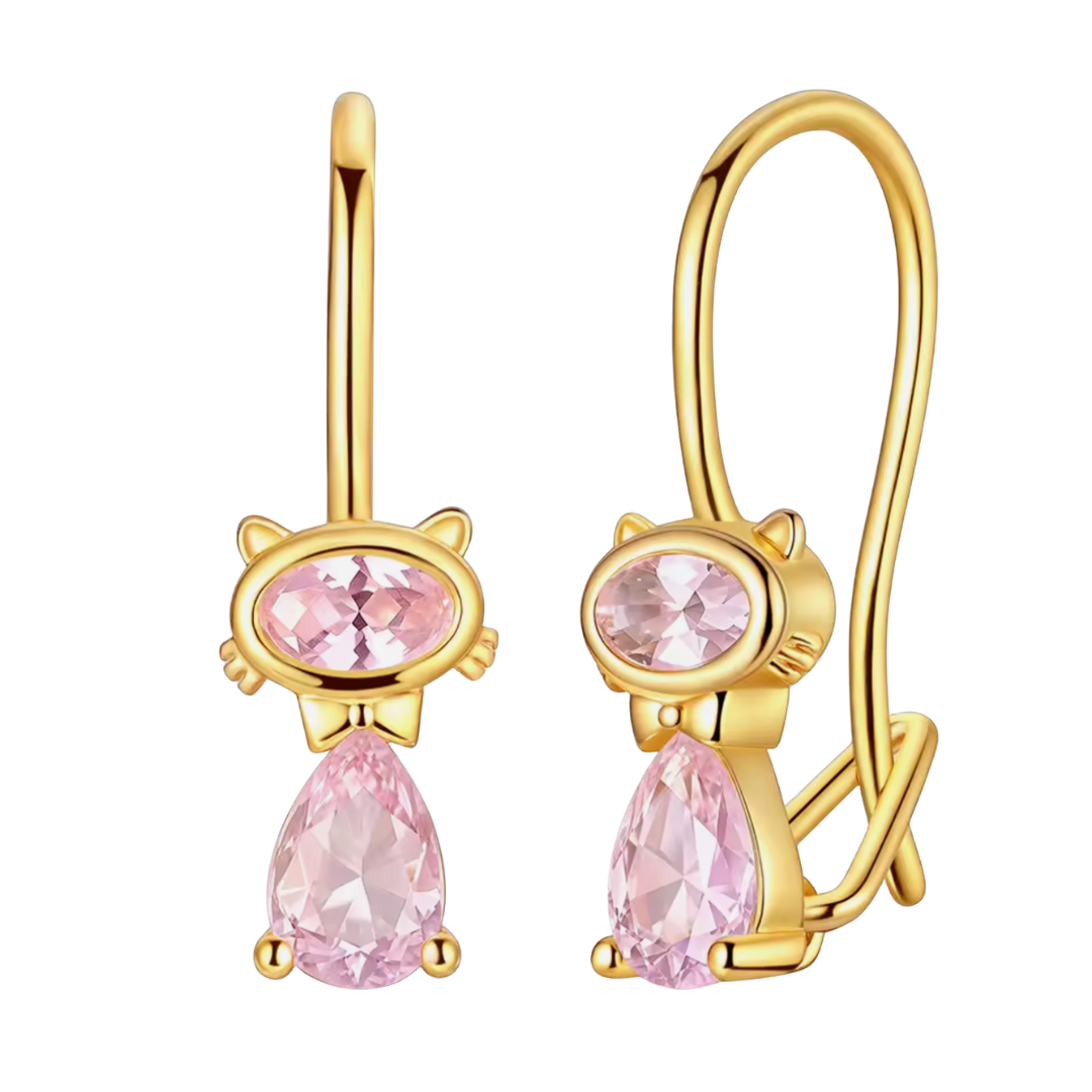 Gold cat earrings with pink crystals on a white background