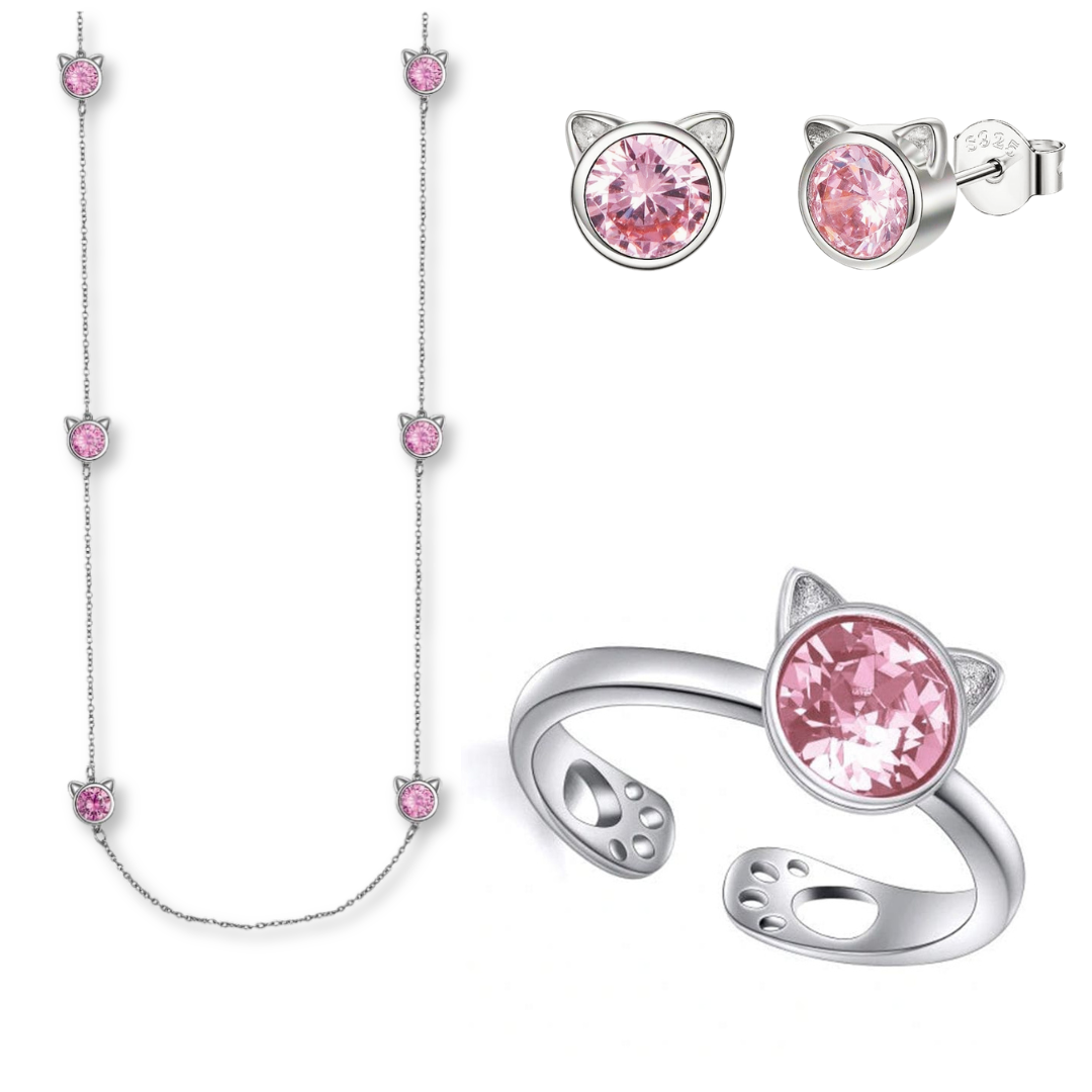 Crystal Cat Necklace & Earrings & Ring  | Sterling Silver GIFT SET