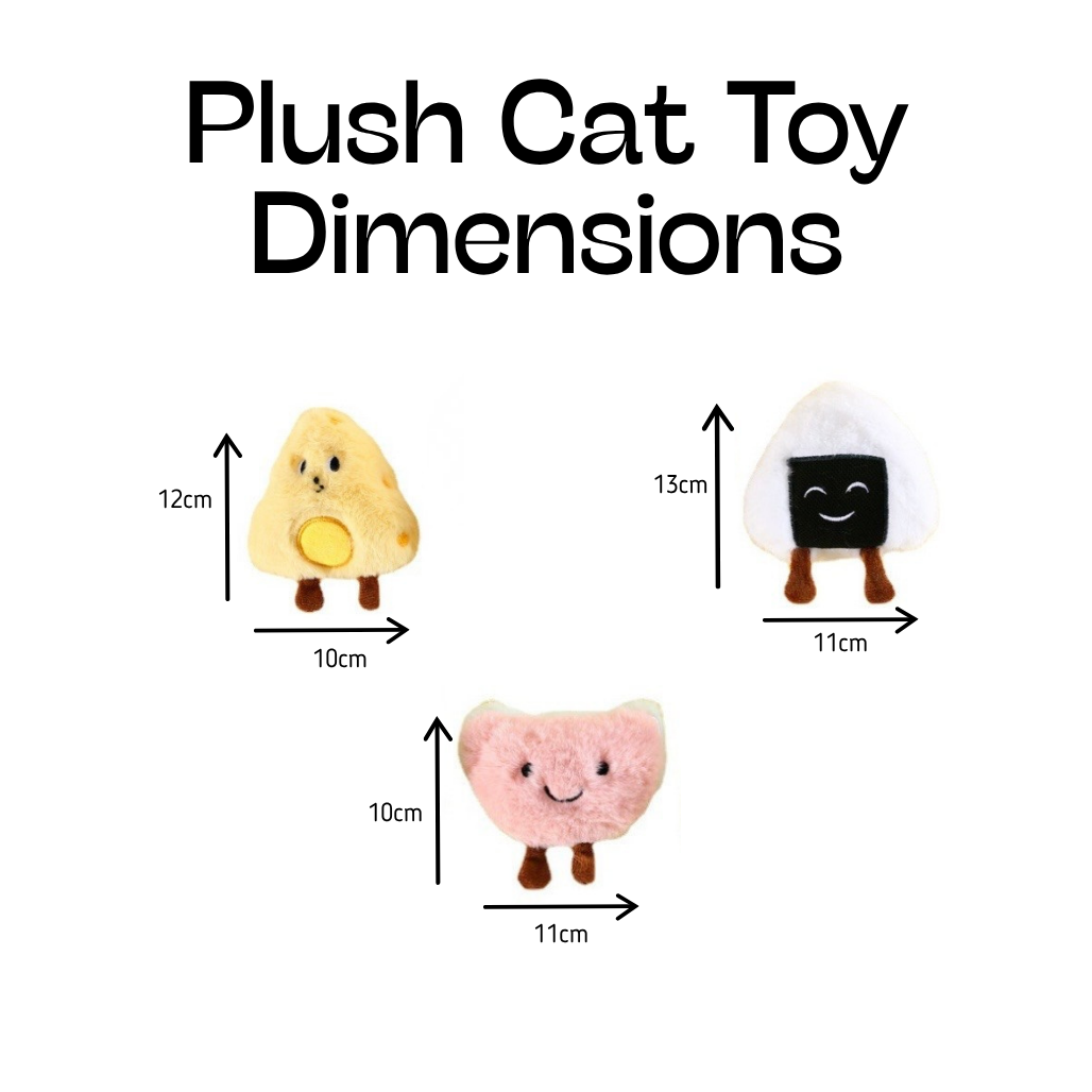 Dimensions of plush cat toys with text 'Plush Cat Toy Dimensions' on a white background.