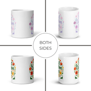 White mug with floral designs on both sides