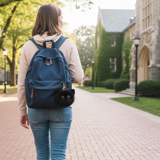 Person with a blue backpack walking on a path in a campus setting