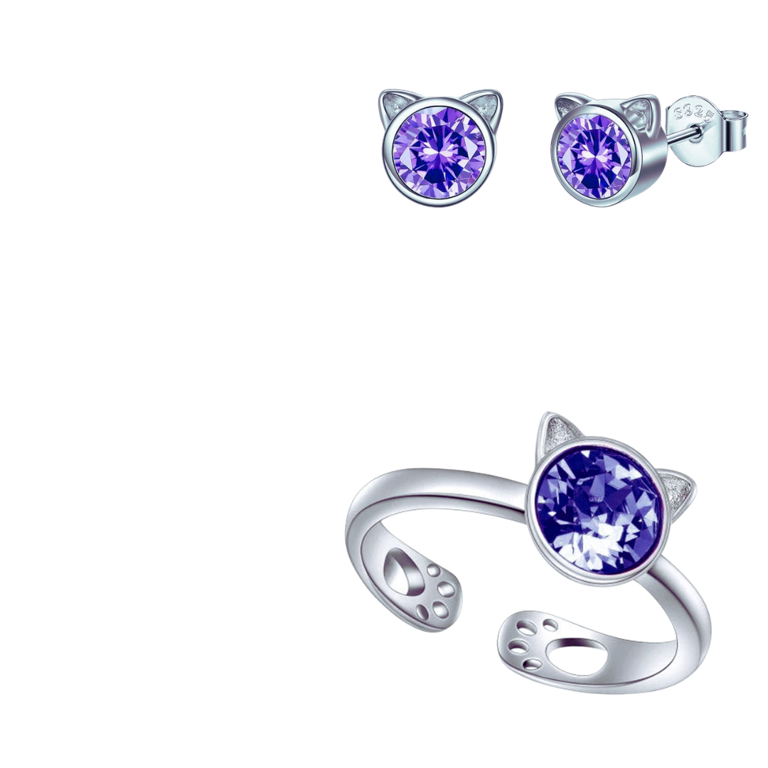 Crystal Cat Necklace & Earrings & Ring  | Sterling Silver GIFT SET
