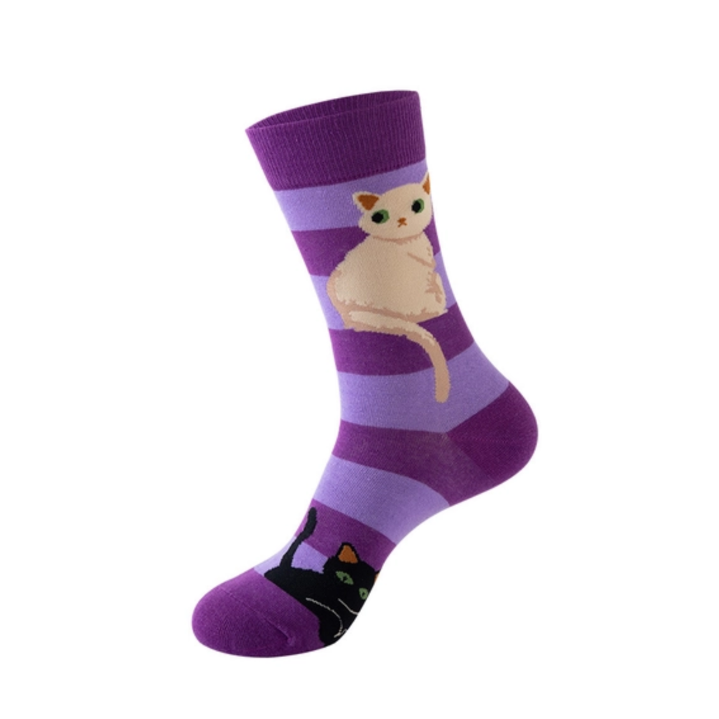 Purple striped sock with a cat design on a white background