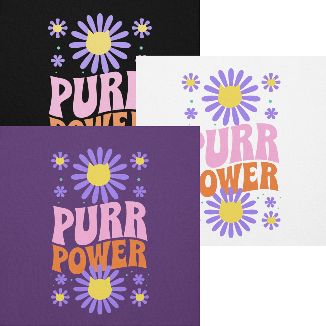 Three different colored cards with 'Purr Power' text and purple flowers.