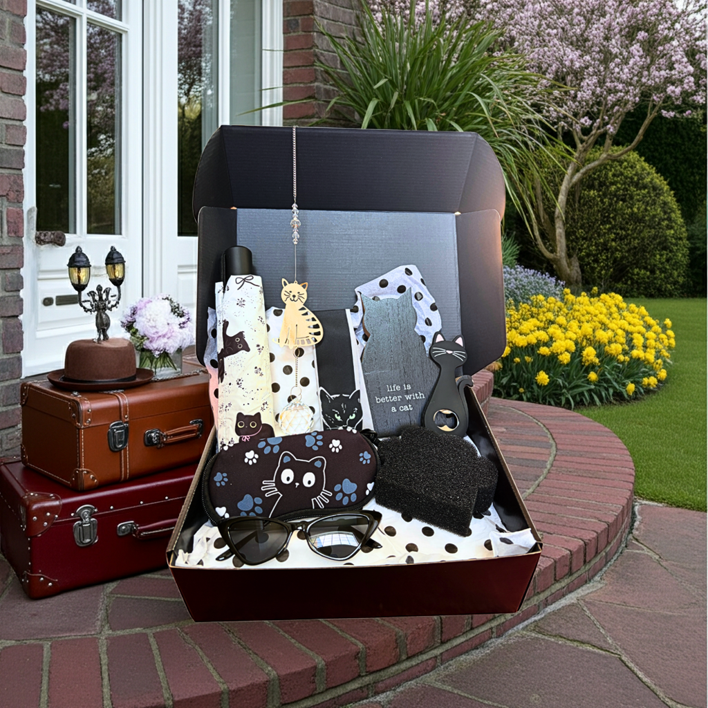 Box of cat-themed products with a decorative outdoor setting
