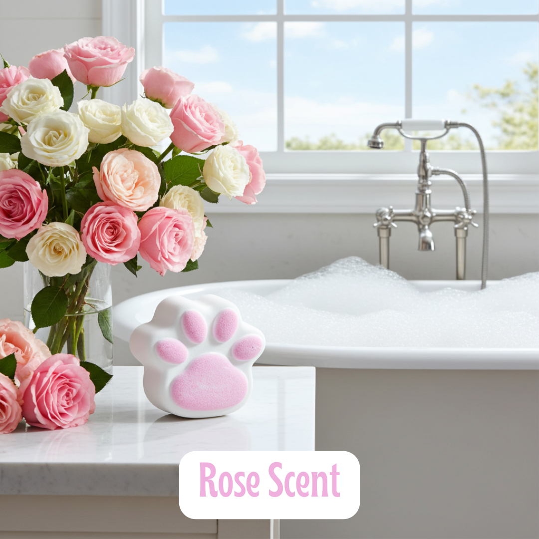 Pink and white paw-shaped bath fizzie with a vase of pink and white roses on a bathroom counter.