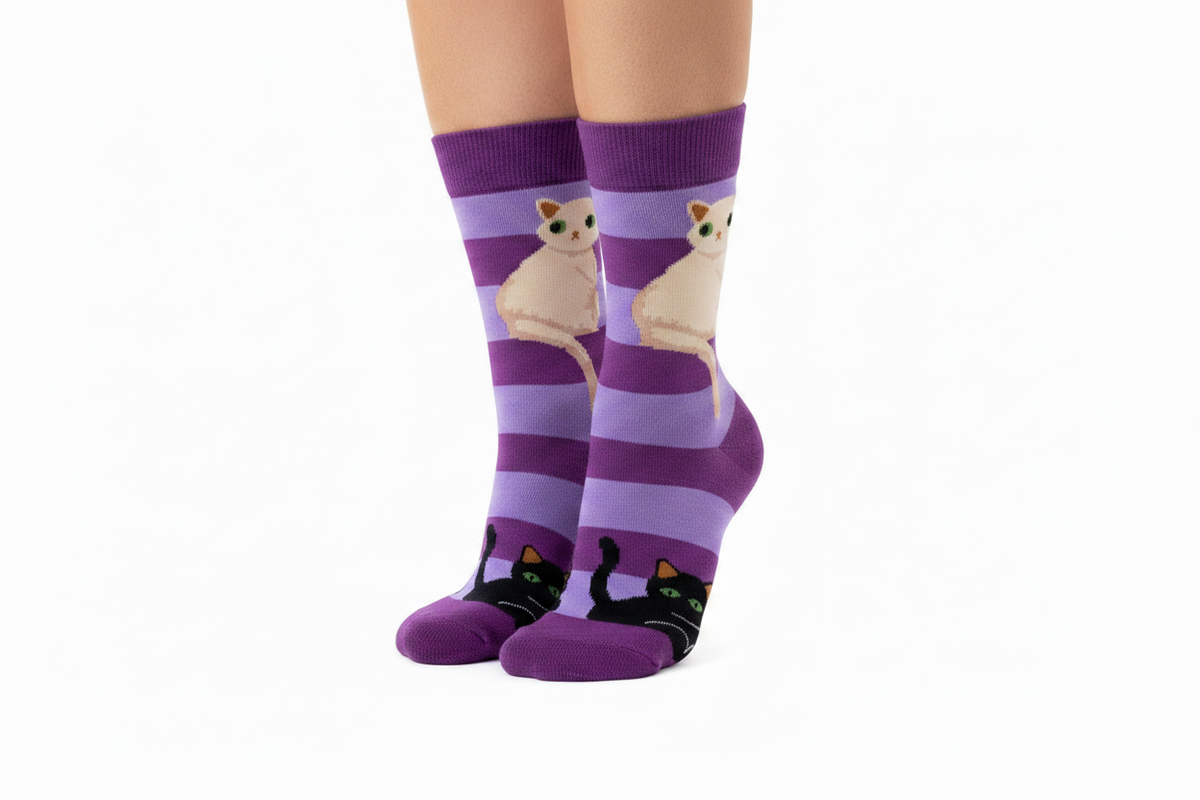 Purple striped socks White Cat Black Cat