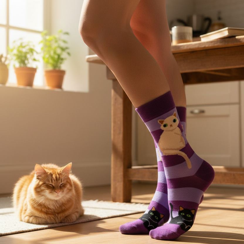 Purple and lavender striped socks with cat illustrations worn on a person's feet in a sunlit room, with an orange cat lying on the floor nearby.