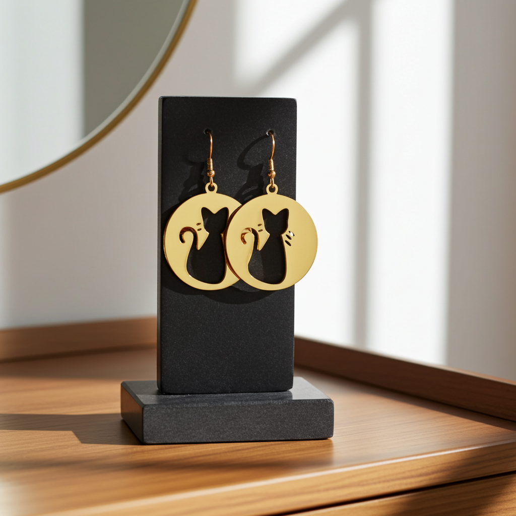 Gold cat-shaped earrings on a black stand with a neutral background