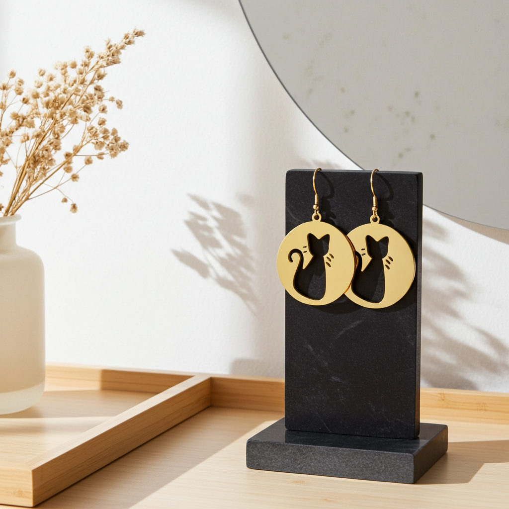 Gold cat-shaped earrings on a black stand with a neutral background