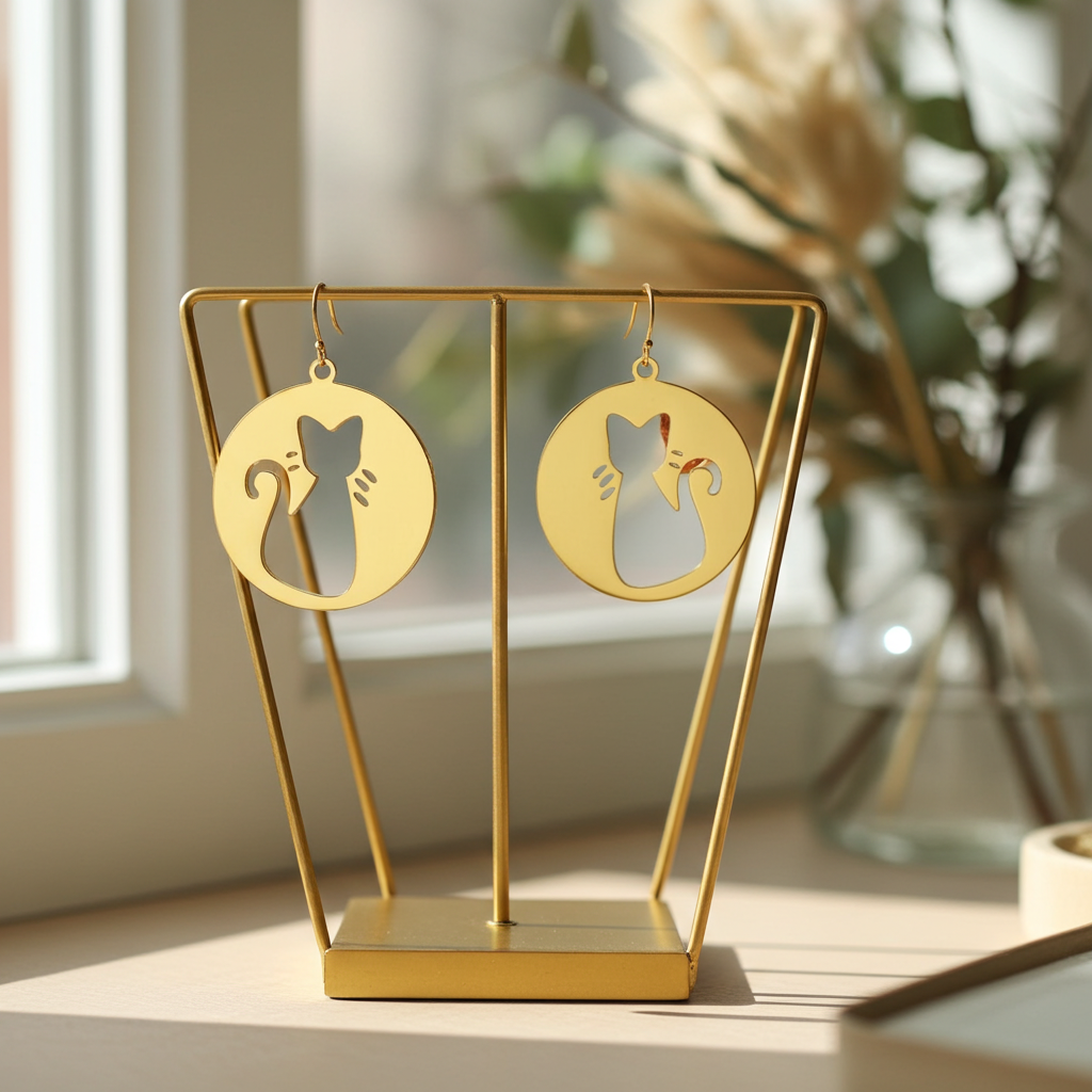 Gold cat-shaped earrings on a matching stand with a blurred indoor background