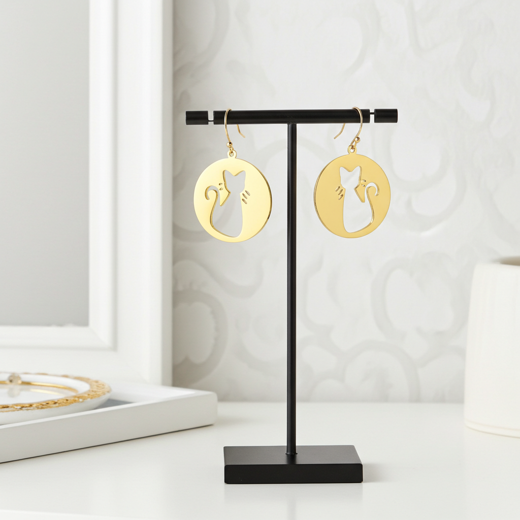 Gold earrings on a black stand against a light gray background