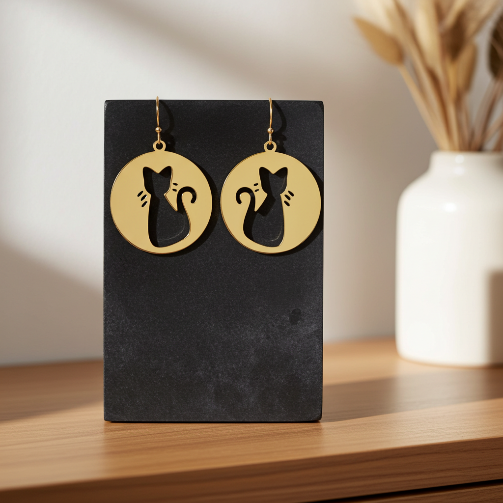 Gold cat-shaped earrings on a black stand with a blurred vase in the background