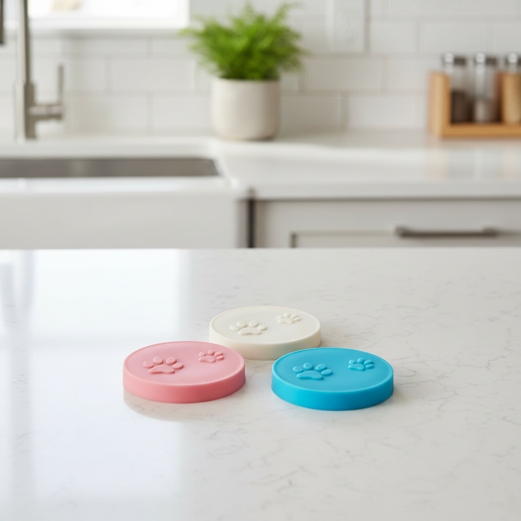 3 silicone covers for pet food can lids sitting on kitchen counter