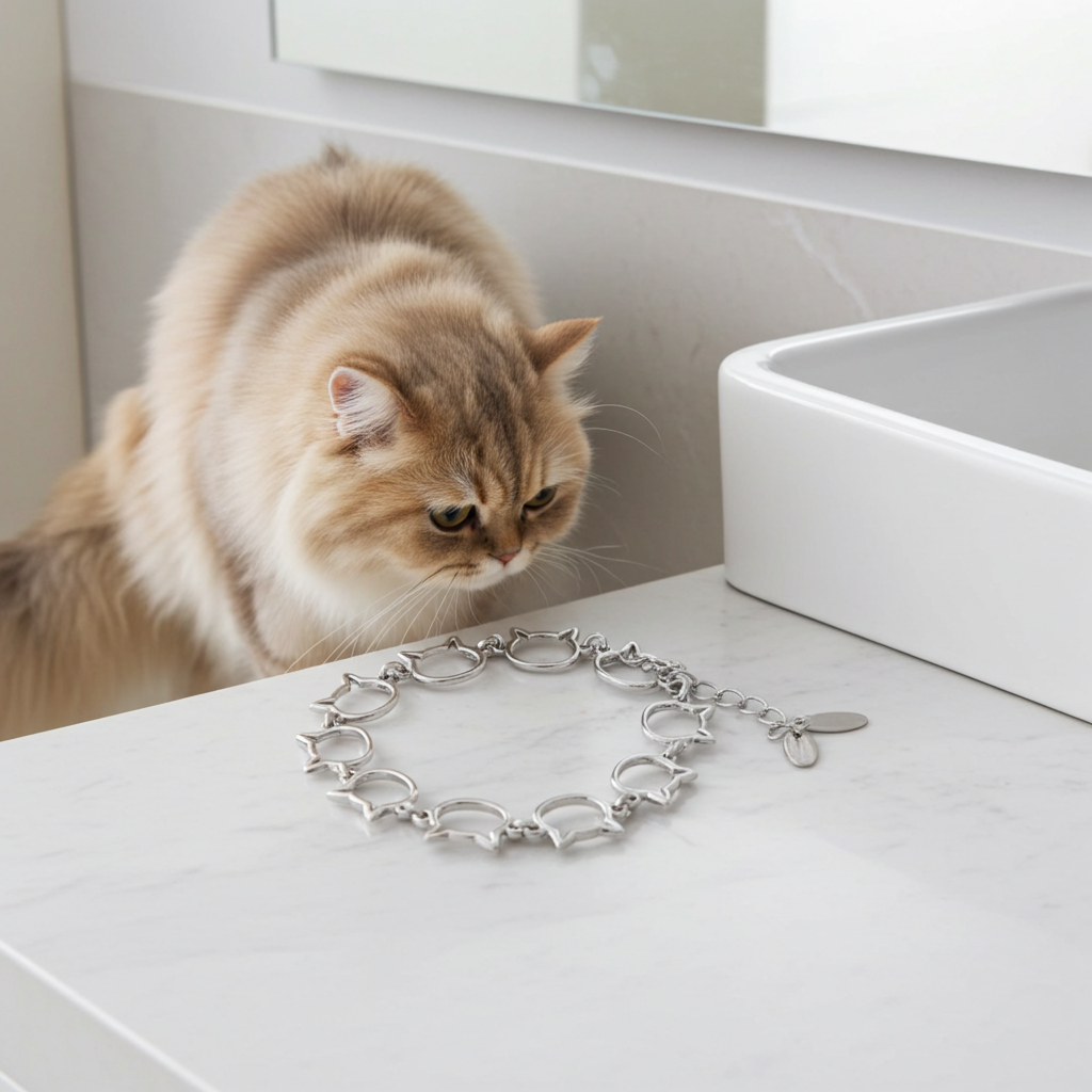 Cat looking at a silver bracelet on a white surface