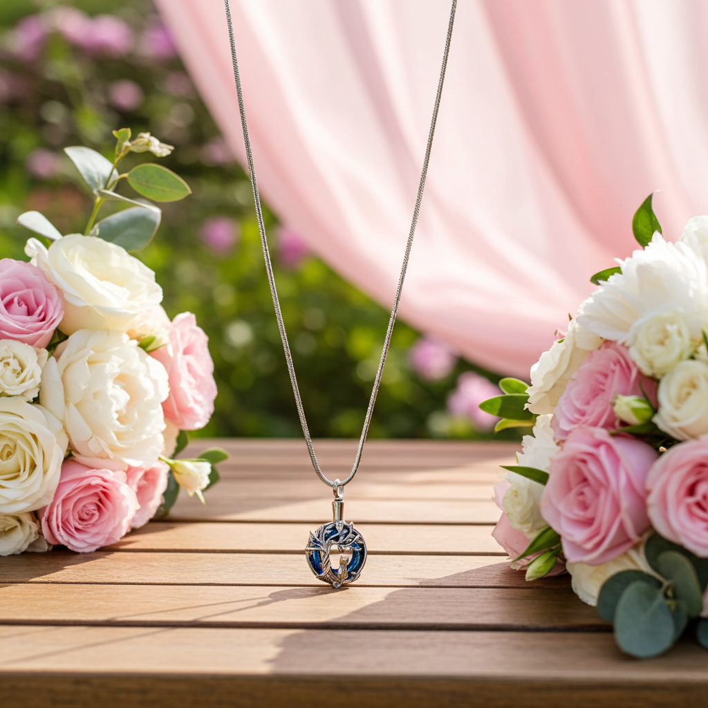 Necklace with a Cat pendant on a wooden surface with pink and white roses.