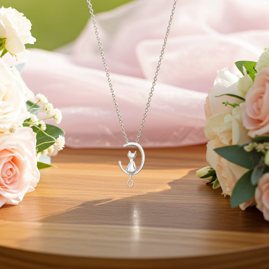 Silver necklace with a cat on a moon pendant on a wooden surface with flowers.