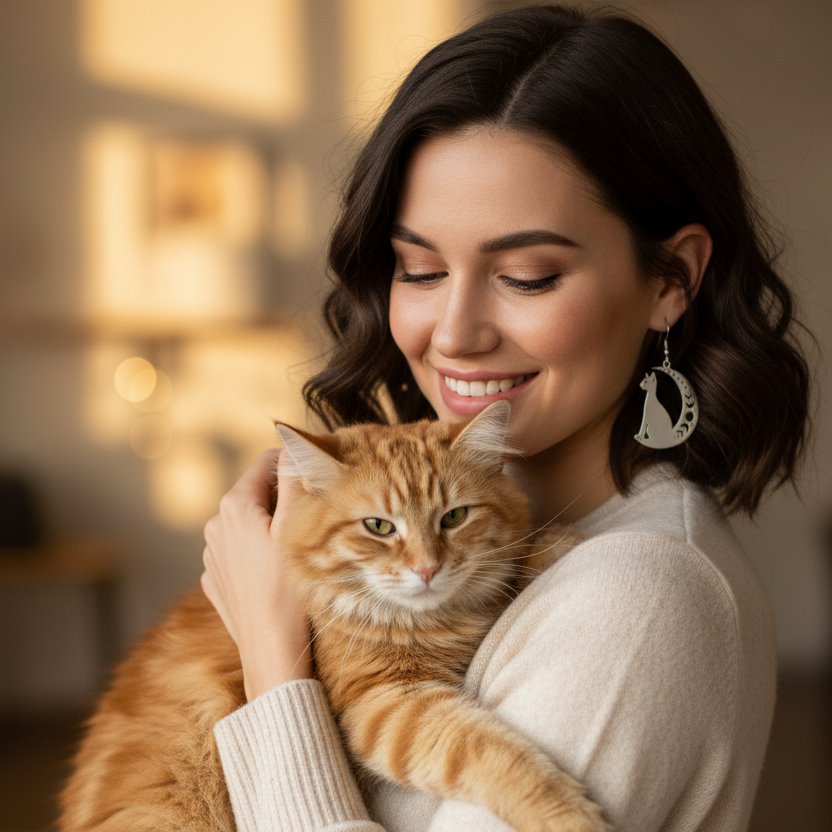 A woman with dark wavy hair smiling while holding a fluffy orange tabby cat, wearing a cream knit sweater and a silver crescent moon earring with a cat silhouette.