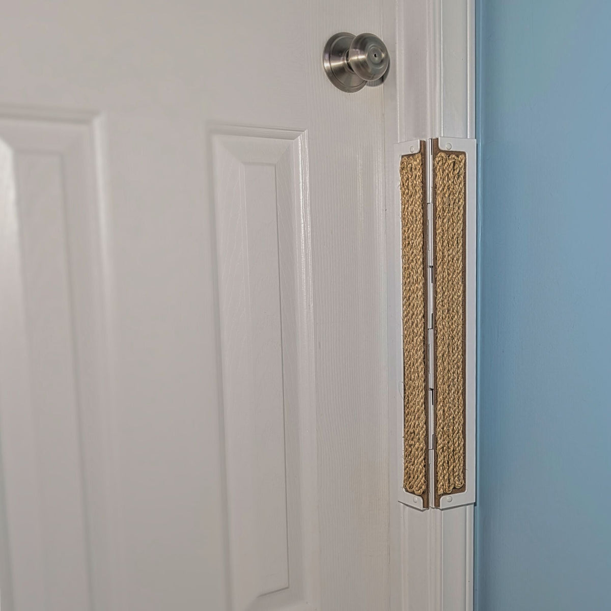 A Sisal Cat Scratcher attached to the right side of a white paneled door, next to a light blue wall.