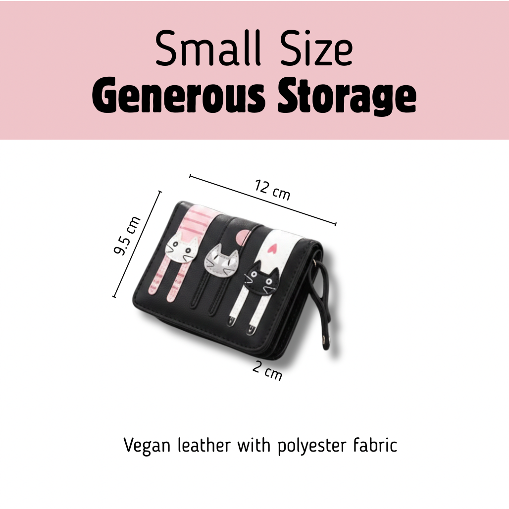 Small wallet with cat designs and dimensions on a pink background