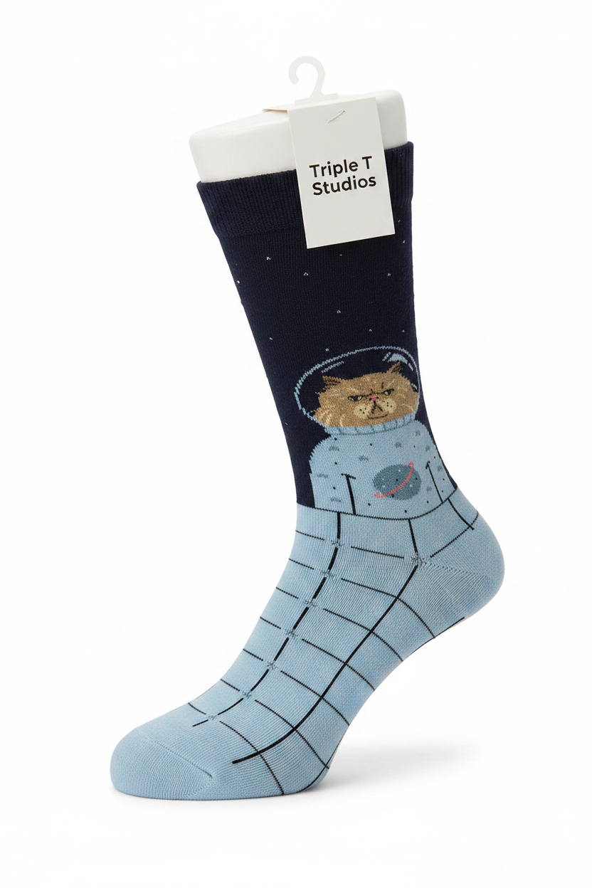 Sock with cat design in space suit on a white background