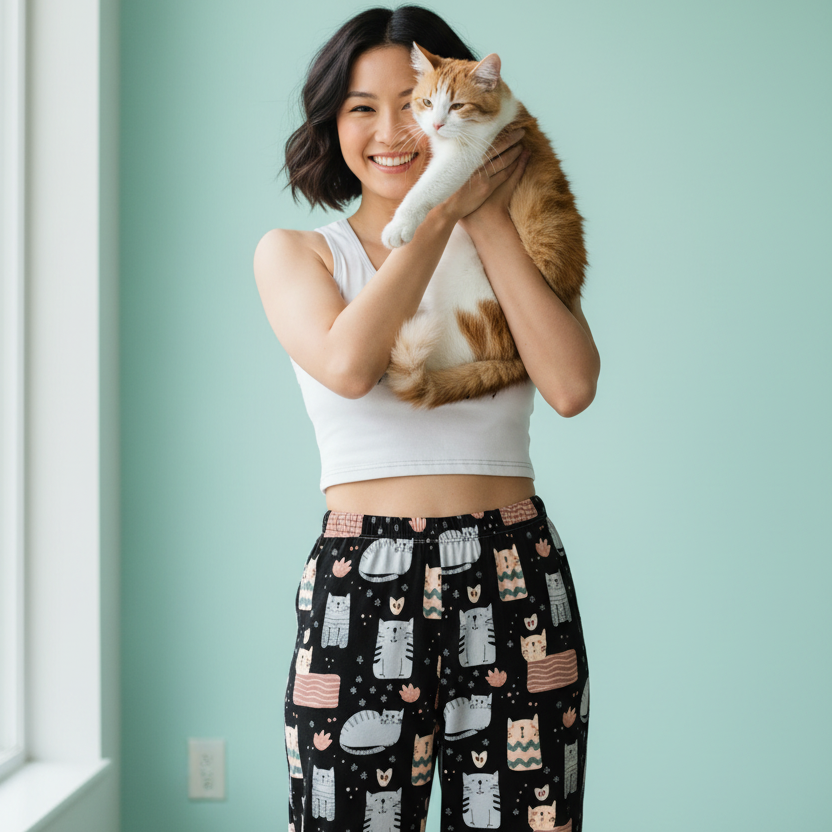 Woman holding a cat against a light green wall