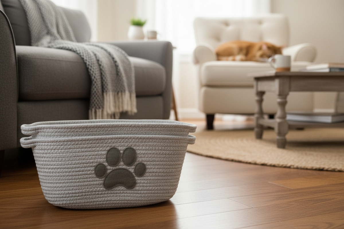 Gray pet bed with a paw print design in a living room setting.