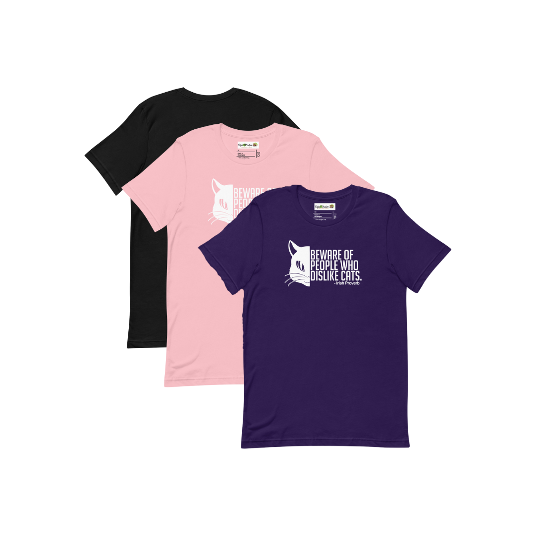 Three t-shirts in black, pink, and purple with cat-themed designs on a white background.