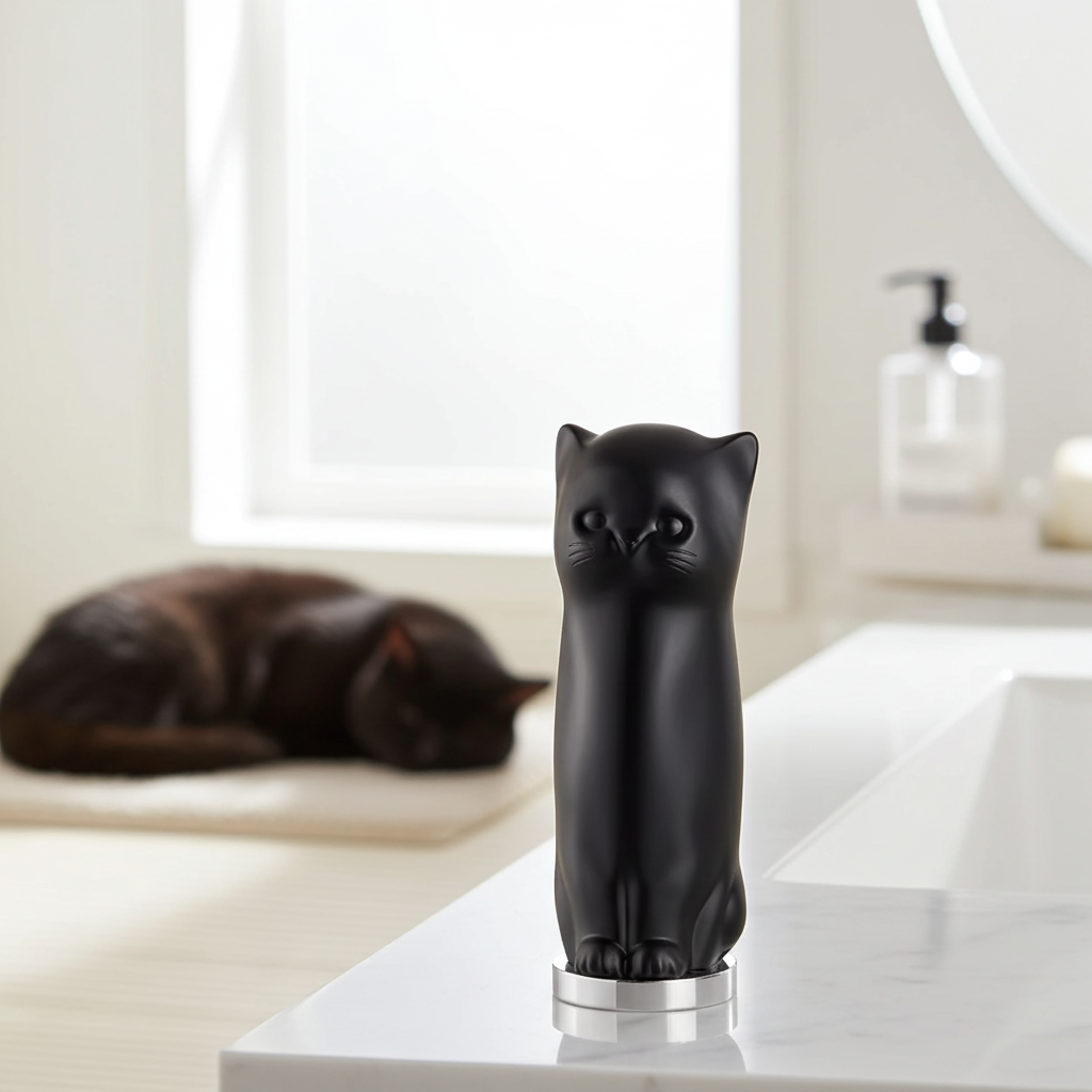 Black Cat shaped lip balm sits on a white bathroom counter with a cat in the background under a window