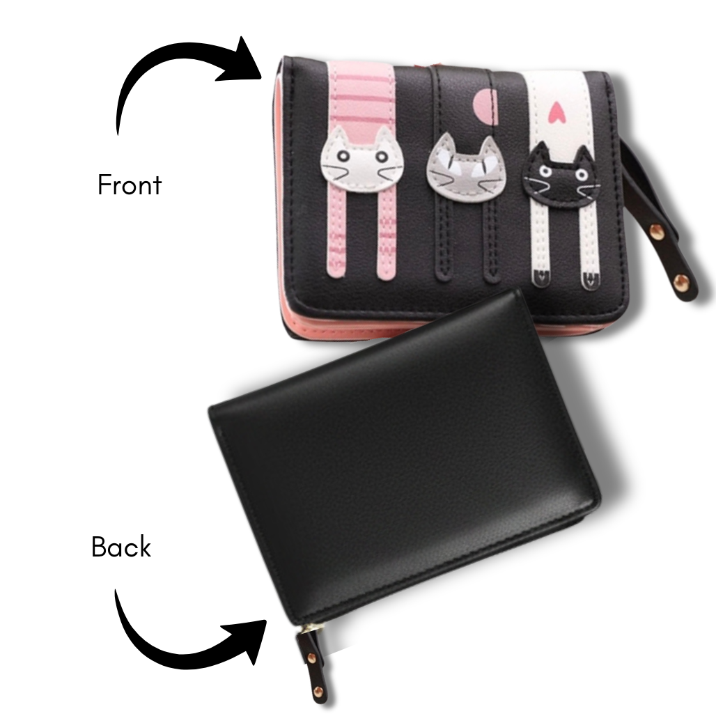 Three Cat Wallet front and back view with notations. 