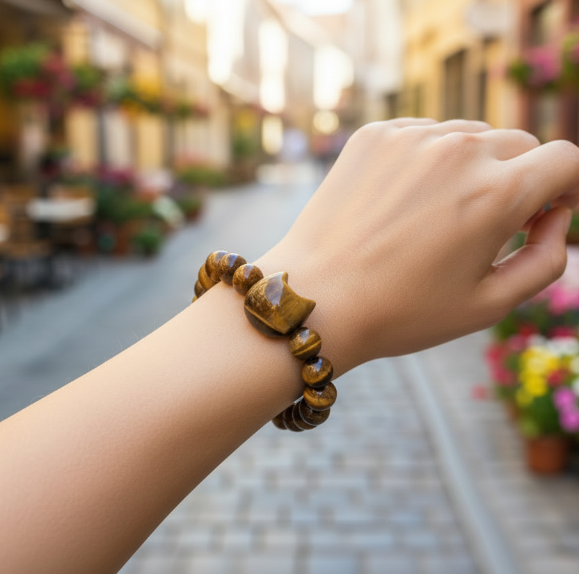Hand wearing a beaded Cat inspired bracelet made from natural stone beads with a Cat Head accent bead with a blurred street scene in the background