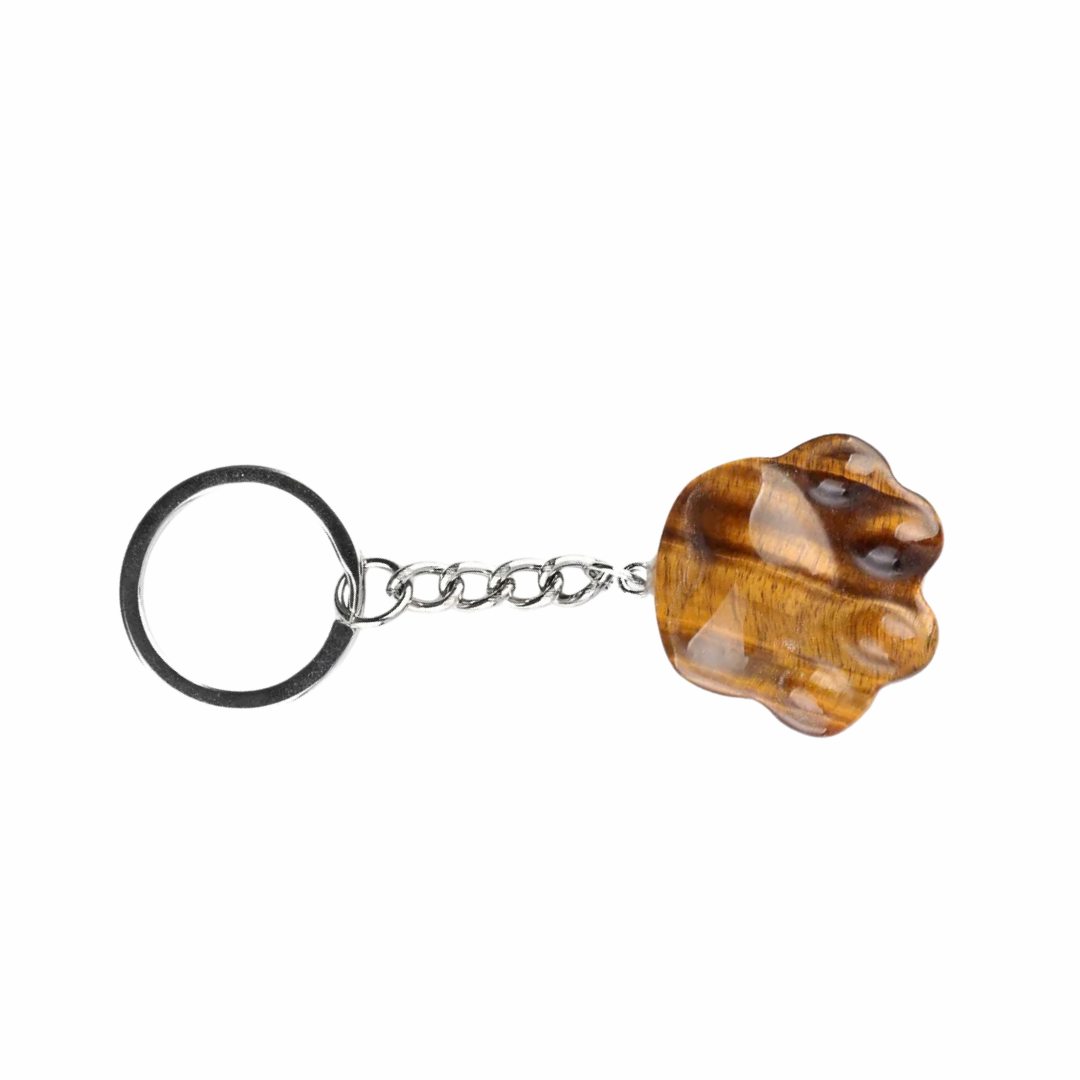 A keychain featuring a polished tiger's eye stone charm with brown and gold banded patterns, attached to a silver metal chain and a black split ring, shown on a plain white background.