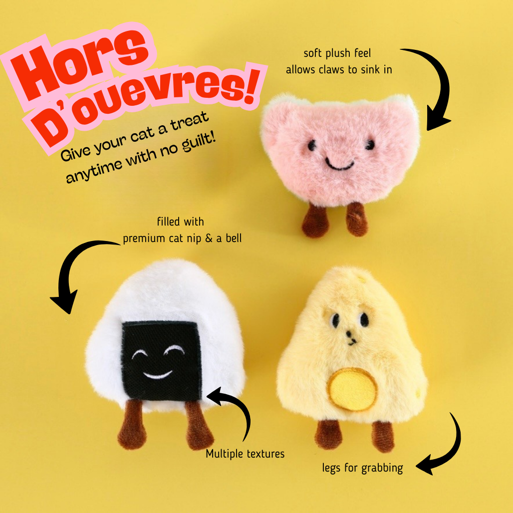 Three plush cat toys with text describing their features on a yellow background