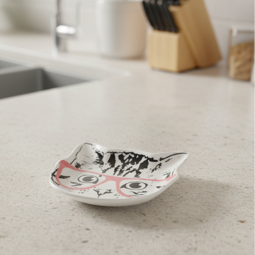 Cat-shaped ceramic dish on a kitchen counter