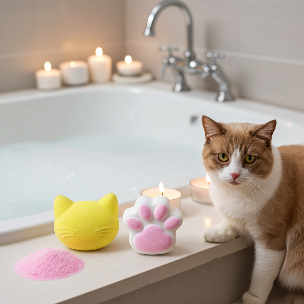 Cat sitting by a bathtub with a yellow cat-shaped bath bomb and pink paw print bath bomb.