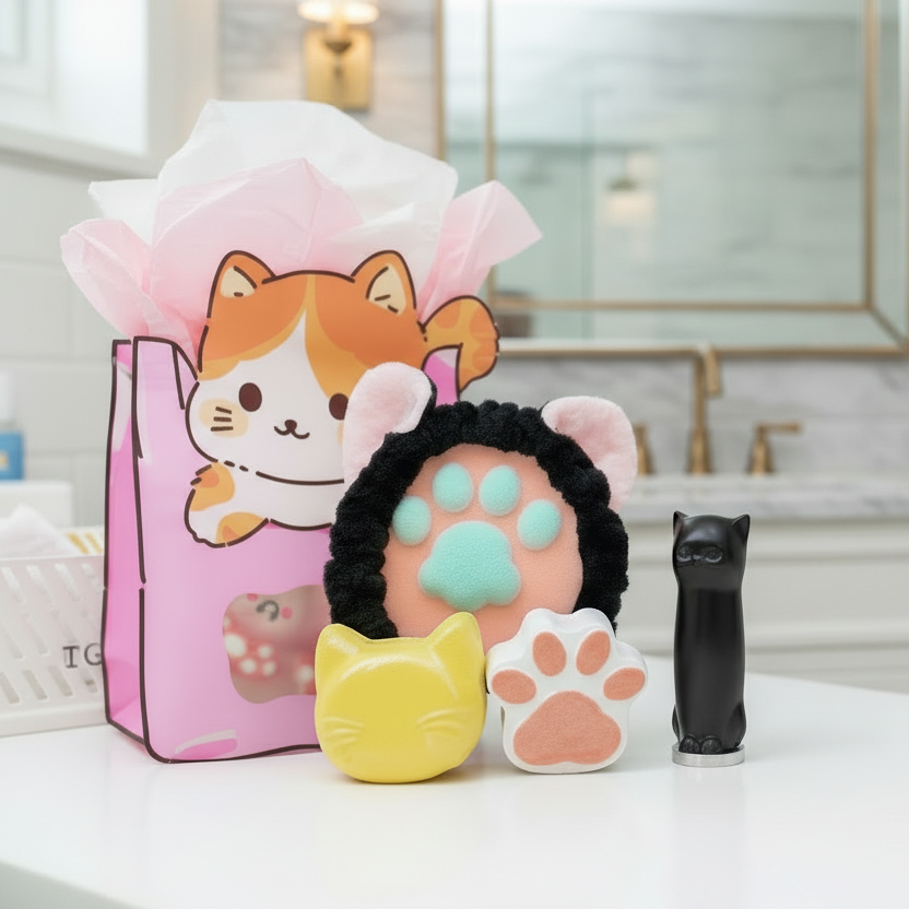 Set of cat-themed bath gift set products with a pink packaging featuring a cartoon cat on a bathroom counter.