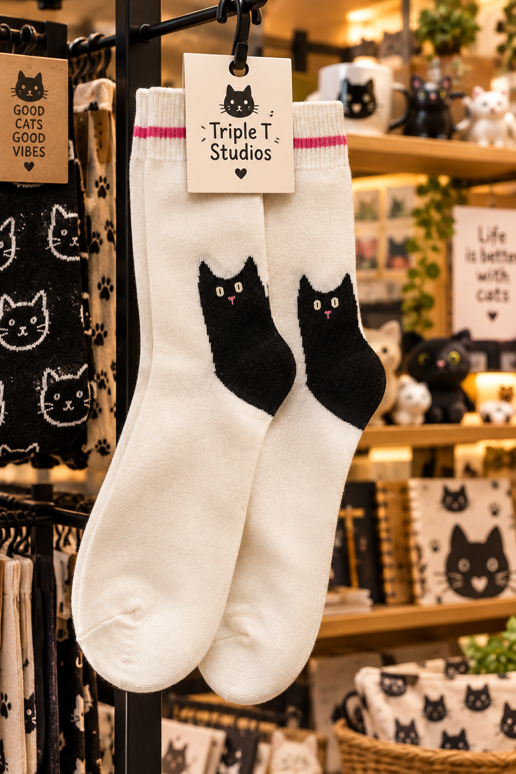 A pair of white crew socks hanging on a display rack in a shop, featuring a black cat face graphic on the front and pink stripes near the cuff. The brand tag reads 'Triple T Studios'.