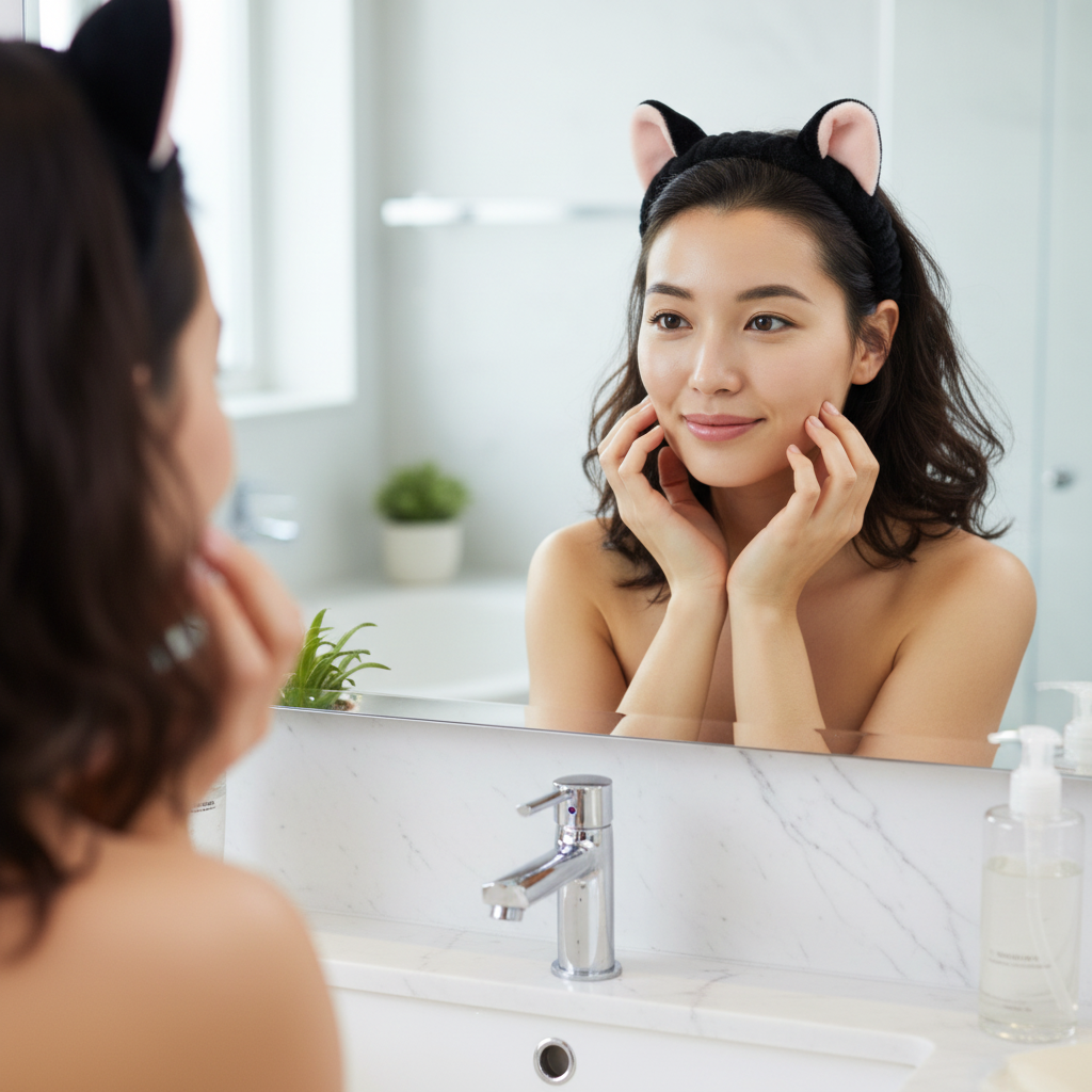 Black cat spa headband for washing your face or applying makeup. Pink ears on a scrunchy plush surface on a white background