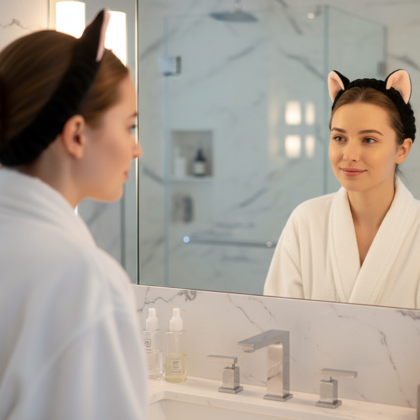 Woman in a white robe with cat ears Spa Headband looking into a bathroom mirror.