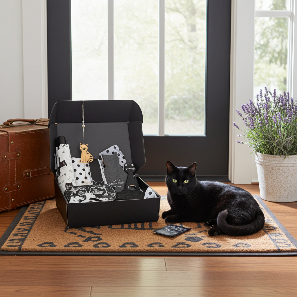 Black cat sitting on a rug next to an open box with pet products, a suitcase, and a plant in the background.