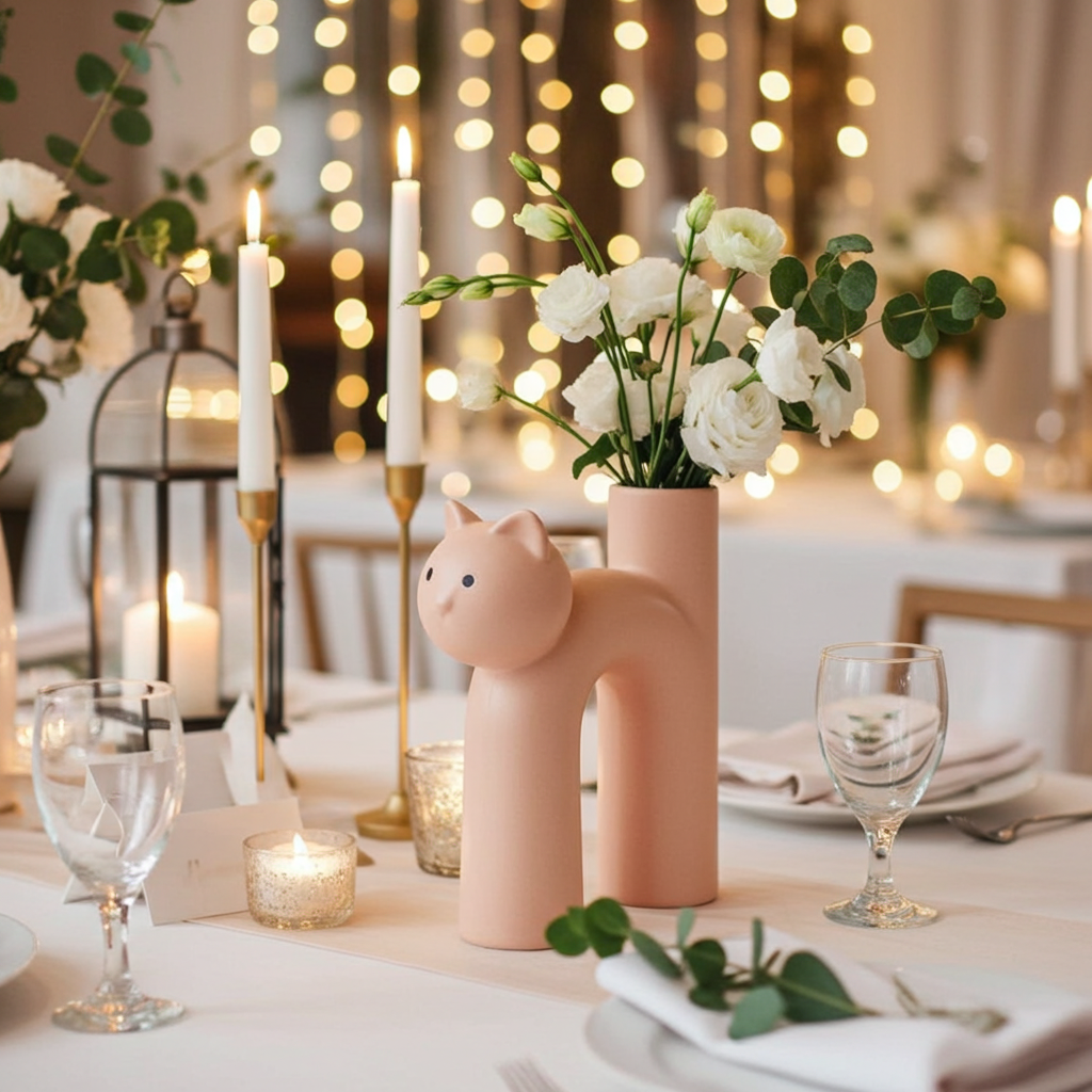 Modern Cat Vase in blush color on an elaborate wedding table set with candles, fairy lights, fancy tableware